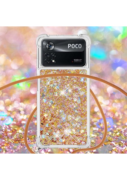Xiaomi Için Yb Quicksand Poco X4 Pro 5g Parlak Glitter Sıvı Quicksand ve Cep Telefon Kılıfı Koruyucu Tpu Kabuklu Koruyucu-Gold/heart (Yurt Dışından)