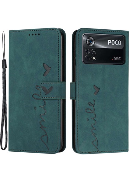 Xiaomi Poco X4 Pro 5g Kalp Şekli Için Baskılı Baskılı Kara Izi Kılıf Deri Touch Hissed Hisset Pu Deri Cüzdan Stand Fonksiyonlu Telefon Kabuğu Strap-Yeşil ile (Yurt Dışından)