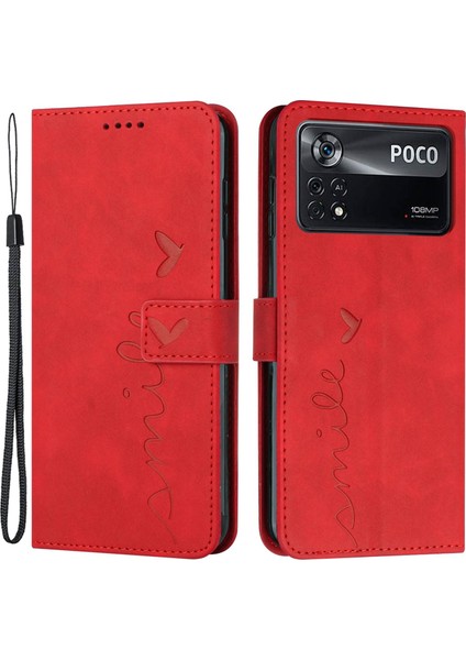 Xiaomi Poco X4 Pro 5g Kalp Şekli Için Baskılı Bastı Anti-Fingerprint Kılıf Deri Touch Hissed Hisset Pu Deri Cüzdan Stand Fonksiyonlu Telefon Kırmızalı (Yurt Dışından)