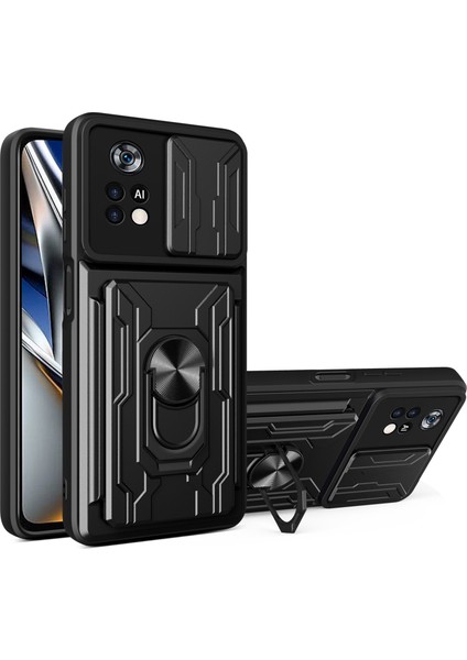Xiaomi Poco X4 Pro 5g Slayt Kamera Kapağı Pc+Tpu Kart Tutucu Telefon Kılıfı ile Ring Kickstand-Black (Yurt Dışından)
