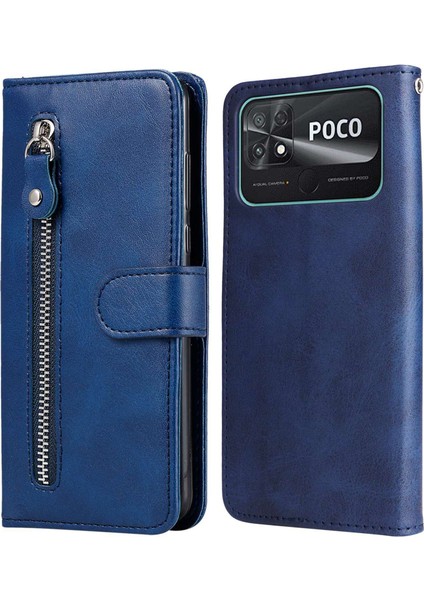 Xiaomi Poco C40 4g Için Dokulu Deri Kılıf, Manyetik Toka Cüzdan Standı Fermuarı Cep Telefonu Kapak Blue (Yurt Dışından)