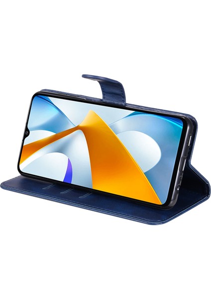 Xiaomi Poco C40 4g Için Dokulu Deri Kılıf, Manyetik Toka Cüzdan Standı Fermuarı Cep Telefonu Kapak Blue (Yurt Dışından)