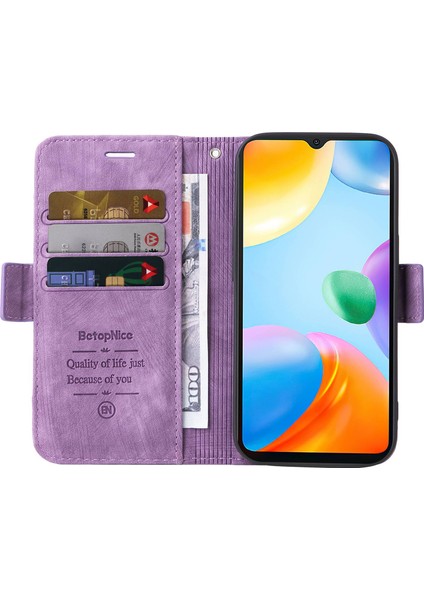 Xiaomi Için Redmi 10C 4g/redmi 10 (Hindistan) 4g Katlanabilir Stand Pu Deri Deri Şok Geçirmez Kılıf Strap-Purple ile Baskılı Dikiş Hattı Telefon Cüzdan Kapağı (Yurt Dışından) fiyatları
