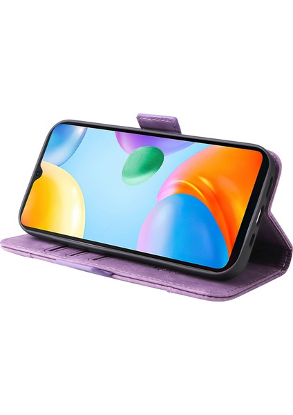 Xiaomi Için Redmi 10C 4g/redmi 10 (Hindistan) 4g Katlanabilir Stand Pu Deri Deri Şok Geçirmez Kılıf Strap-Purple ile Baskılı Dikiş Hattı Telefon Cüzdan Kapağı (Yurt Dışından) modelleri