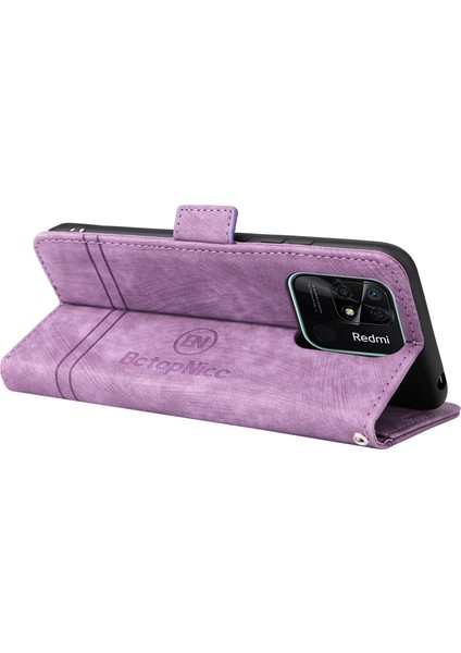 Xiaomi Için Redmi 10C 4g/redmi 10 (Hindistan) 4g Katlanabilir Stand Pu Deri Deri Şok Geçirmez Kılıf Strap-Purple ile Baskılı Dikiş Hattı Telefon Cüzdan Kapağı (Yurt Dışından) fırsatları