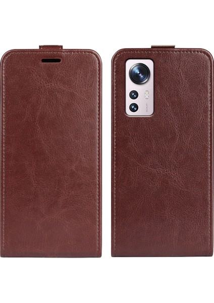 Xiaomi Için 12 Lite Dikey Flip Kutusu ile Kart Yuvası Çılgın At Dokusu Damla Damla Dayanıklı Manyetik Toka Pu Deri Telefon Kapak Kahverengi (Yurt Dışından)