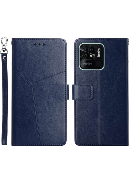 Xiaomi Için HT01 Redmi 10C Cüzdan Stand Pu Deri Kaplamak Telefonu Deri+Yumuşak Tpu Y Şeklinde Çizgiler Telefon Kılıf Mavisi Baskı (Yurt Dışından)