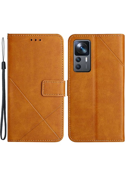 Xiaomi 12T 5G/12T Pro 5g/redmi K50 Ultra 5g Düz Renk Çizgisi Baskı Pu Deri Telefon Kabuğu, Cüzdan Stand Şok Geçirmez Manyetik Toka Telefon Kılıfı Sarı (Yurt Dışından)