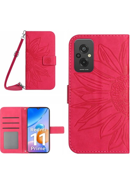 Xiaomi Redmi Için 11 Prime 4g HT04 Ayçiçeği Baskalı Flip Shell, Pu Deri Cüzdan Kılıfı Stand Stand Omuz Kayışı Rose ile Cilt Dokunma Koruyucu Telefon Kapağı (Yurt Dışından)