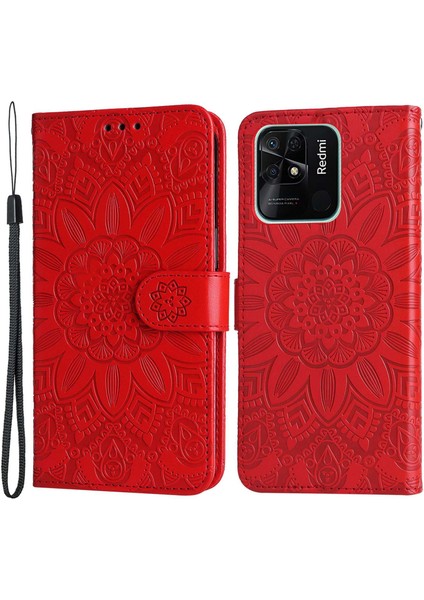 Xiaomi Için Redmi 10C 4g/redmi 10 (Hindistan) 4g Ayçiçeği Baskılı Folio Foli Front Telefon Kılıfı Pu Deri Stand Anti-Fall Manyetik Toka Telefon Kapağı Kayış Kırmızısı (Yurt Dışından)