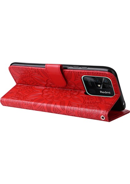 Xiaomi Için Redmi 10C 4g/redmi 10 (Hindistan) 4g Ayçiçeği Baskılı Folio Foli Front Telefon Kılıfı Pu Deri Stand Anti-Fall Manyetik Toka Telefon Kapağı Kayış Kırmızısı (Yurt Dışından) modelleri