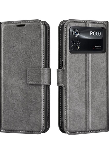 Folio Flip Deri Kılıfı Xiaomi Poco X4 Pro 5g, Stand Cüzdan Grey ile Manyetik Toka Telefon Kabuğu Kapağı (Yurt Dışından)