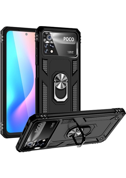 Xiaomi Poco X4 Pro 5g Yüzük Kickstand Telefon Kılıfı Yumuşak Tpu+Sert Pc Askeri Şok Geçirmez Koruyucu Kapak Black (Yurt Dışından)