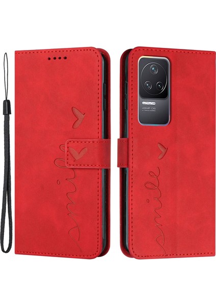 Xiaomi Için Redmi K50/K50 Pro Kalp Şekli Baskılı Anti-Slatch Cep Telefon Kılıfı Cilt Touch Hissed Hisset Pu Deri Cüzdan Stand Tasarım Kapağı Kayış-Kırmızı ile (Yurt Dışından)