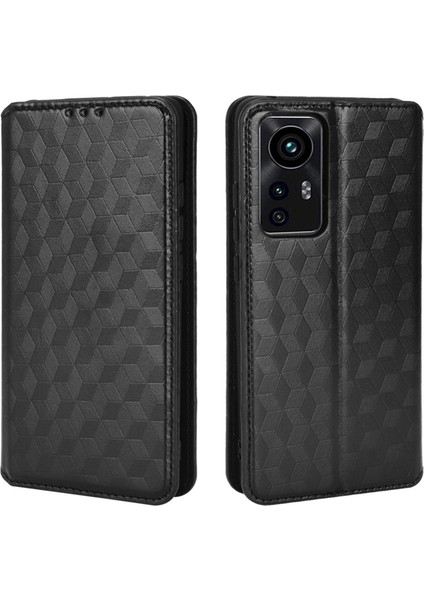 Xiaomi Için 12 Lite 5g Baskı Rhombus Desen Pu Deri Deri Stand Cüzdan Kılıfı Manyetik Otomatik Kapanış Telefon Kapak Black (Yurt Dışından)