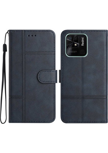 Xiaomi Redmi 10C 4g Için Tamamen Sarılmış Iş Stili Pu Deri Koruyucu Kapak Inek Kılıfı Doku Hattı Stand Stand Cüzdan Telefon Kılıfı Strap-Mavi (Yurt Dışından)