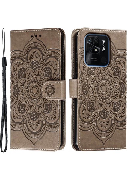 Xiaomi Redmi 10C 4g Pu Deri Cüzdan Stand Kılıfı Mandala Çiçek Telefonu Kapak Grey (Yurt Dışından)