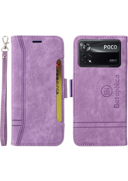Xiaomi Poco X4 Pro 5g Pu Deri Deri Droah Kasa Kasası Basılı Dikiş Hattı Telefon Stand Cüzdan Kapağı Bilek Kayış-Mor ile (Yurt Dışından)