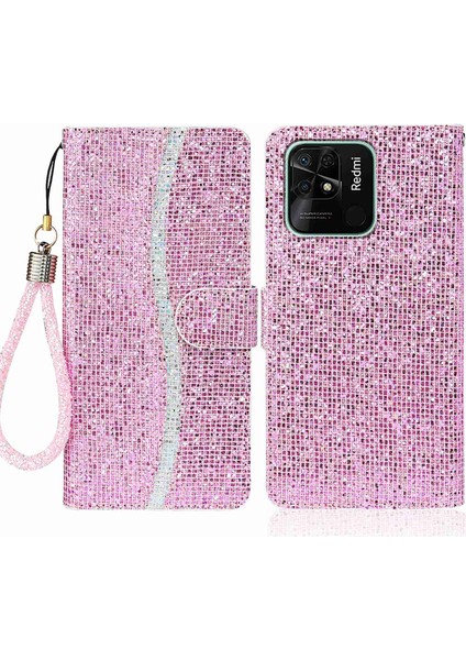 Xiaomi Redmi Için 10C Glitter Pu Deri Telefon Kılıfı Stand Manyetik Kapatma Bling El Strap-Pink ile Çantası Şok Geçirmez Flip Kapak (Yurt Dışından)