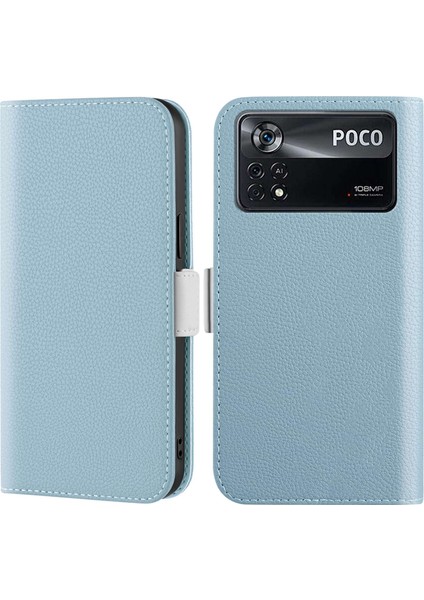 Xiaomi Poco X4 Pro 5g Için Katlanabilir Stand Deri Telefon Kılıfı, Şeker Renkli Litchi Doku Cüzdan Flip Kapak-Mavi (Yurt Dışından)