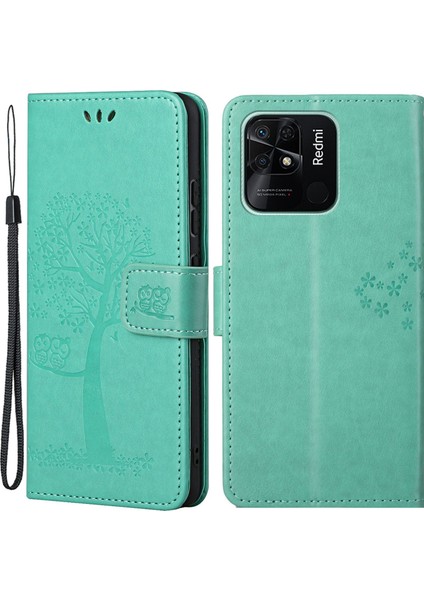 Xiaomi Redmi Için 10C Stand Pu Deri Kılıf Strap-Green ile Baskılı Baykuş Ağacı Desen Cüzdan Kapağı (Yurt Dışından)
