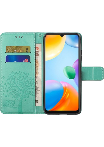 Xiaomi Redmi Için 10C Stand Pu Deri Kılıf Strap-Green ile Baskılı Baykuş Ağacı Desen Cüzdan Kapağı (Yurt Dışından) modelleri