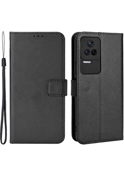 Xiaomi Için Redmi K50/K50 Pro Diamond Doku Pu Derisi Iyi Korunmuş Telefon Kasası Cüzdan Stand Kapağı Strap-Black (Yurt Dışından)
