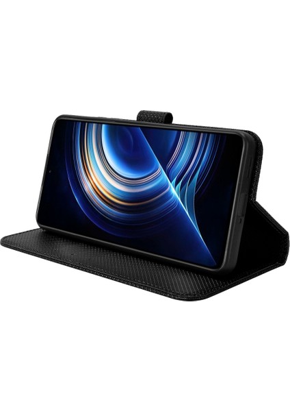 Xiaomi Için Redmi K50/K50 Pro Diamond Doku Pu Derisi Iyi Korunmuş Telefon Kasası Cüzdan Stand Kapağı Strap-Black (Yurt Dışından) modelleri