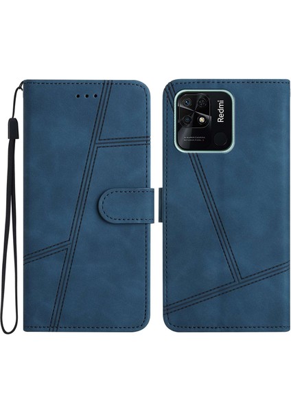 Xiaomi Redmi 10C 4g Cilt Touch Hissed Hisset Cep Telefon Kılıf Cüzdan Retro Pu Deri Dikiş Hattı Dekor Telefon Kapak-Mavi (Yurt Dışından)