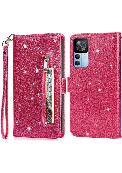 Xiaomi 12T 5G/12T Pro 5g/redmi K50 Ultra 5g Fermuarı Pocket Glittery Pu Deri Şok Geçirmez Kılıf Manyetik Kıta Flip Telefon Cüzdan Stand Kapak Çizgisi (Yurt Dışından)