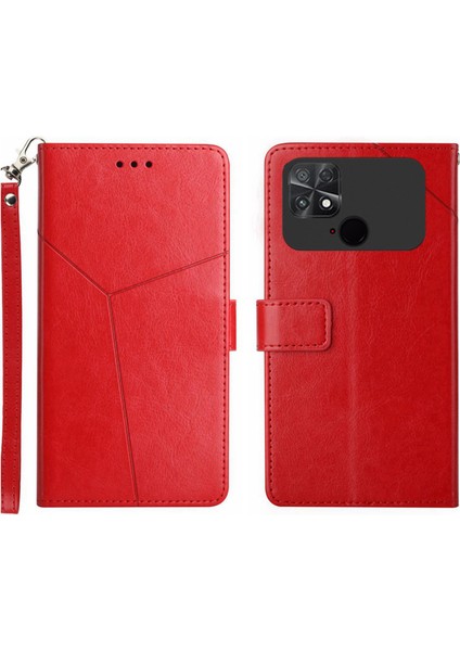 Xiaomi Için Poco C40 4g HT01 Cüzdan Stand Özelliği Baskılı Y Şeklindeki Çizgiler Pu Deri Pu Dergi Anti-Düşme Kabuğu Kayış Kırmızısı (Yurt Dışından)