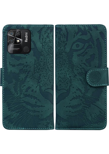 Tiger Deseni Xiaomi Redmi 10C Için Baskılı Cüzdan Kılıfı, Pu Derisi+Tpu Stand Telefon Kapak Yeşili (Yurt Dışından)