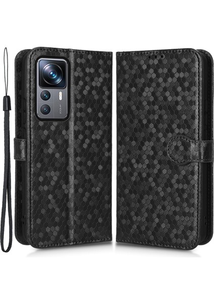 Xiaomi 12T Pro 5g Dot Desen Için Baskılı Pu Deri Telefon Kılıfı Stand Cüzdan Manyetik Damla Damlı Flip Folio Telefon Kapağı Strap-Black (Yurt Dışından)