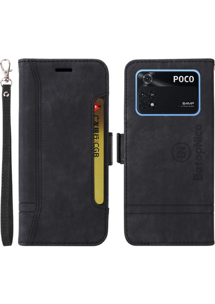 Xiaomi Için Poco M4 Pro 4g Baskılı Dikiş Hattı Pu Deri Derili Damla Koruma Kılıfı Akıllı Telefon Stand Cüzdan Kapağı Strap-Black (Yurt Dışından)