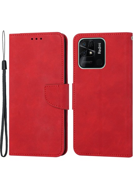 Xiaomi Redmi Için 10C Düz Renkli Deri Telefon Kılıf Katlanabilir Stand Tasarım Tam Vücut Koruma Telefon Kapak-Kırmızı (Yurt Dışından)