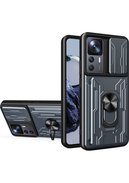 Xiaomi 12T Pro 5g Kart Tutucu Yüzüğü Manyetik Kickstand Telefon Kılıfı Pc+Tpu Telefon Koruyucusu Slayt Kameralı Kapak Titanyum Gri (Yurt Dışından)