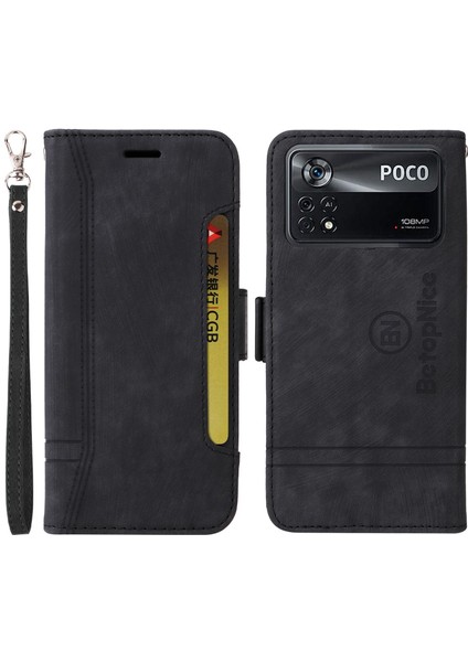 Xiaomi Poco X4 Pro 5g Pu Deri Daldan Koruma Kılıfı Baskılı Dikiş Hattı Telefon Stand Cüzdan Kapağı Bilek Kayış-Siyah (Yurt Dışından)