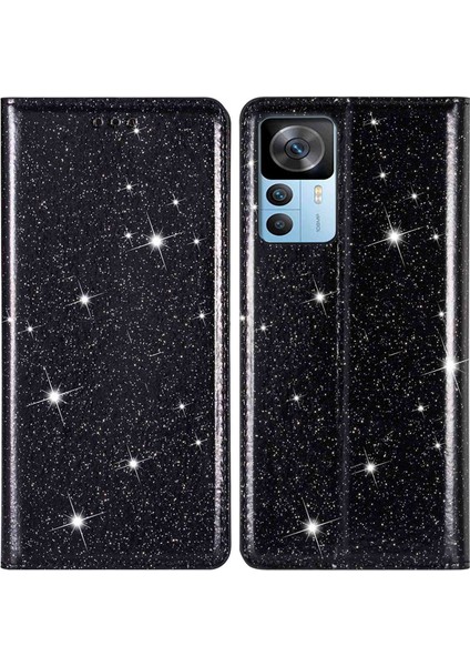 Xiaomi 12T 5G/12T Pro 5g/redmi K50 Ultra 5g Kart Tutucu Tasarım Ince Stand Telefon Kapağı Glitter Pu Deri Cep Telefon Kılıfı Manyetik Oto Absorbed Kapanış-Black (Yurt Dışından)