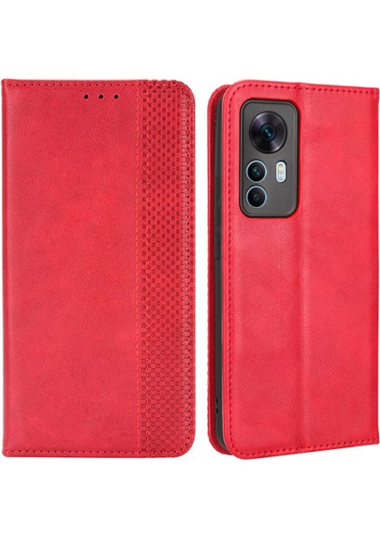 Xiaomi 12T 5g/redmi K50 Ultra 5G/12T Pro 5g Retro Doku Pu Deri Telefon Kılıfı Baskılı Desen Standı Manyetik Emilim Cüzdan Kırmızısı (Yurt Dışından)