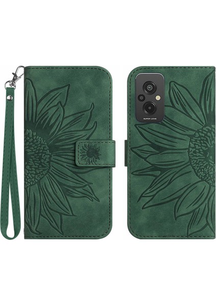 Xiaomi Redmi Için 11 Prime 4g HT04 Ayçiçeği Baskılı Cüzdan Kılıf Cilt Touch Pu Deri Stand Manyetik Telefon Kapağı El Strap-Dark Yeşil (Yurt Dışından)