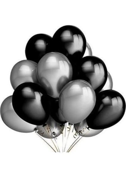 25 Adet Metalik Siyah Gri Karışık Balon Helyumla Uçan