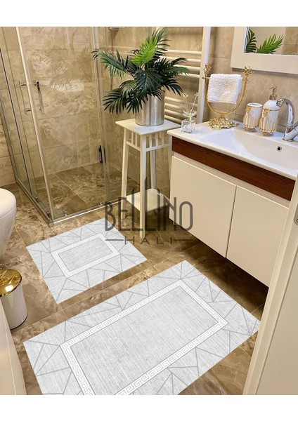 Yıkanabilir Kaymaz Pamuk Dokuma Taban Gri Geometrik Desenli 60X100-50X60 2'li Banyo Paspası 27