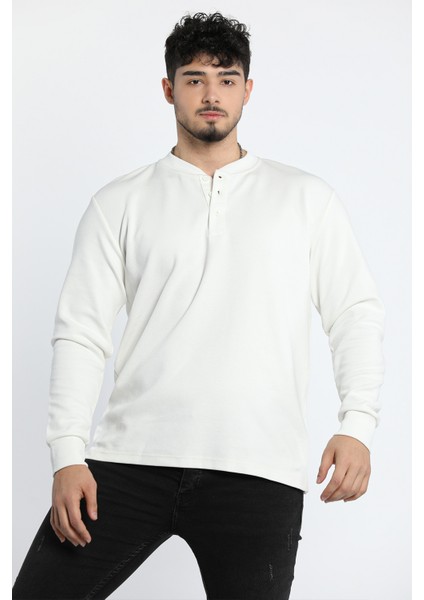 Krem Erkek Bisiklet Yaka Yarım Düğmeli Sweatshirt P-00005278