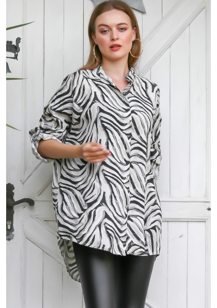 Bej Italyan Zebra Desen Oversize Salaş Gömlek Bluz