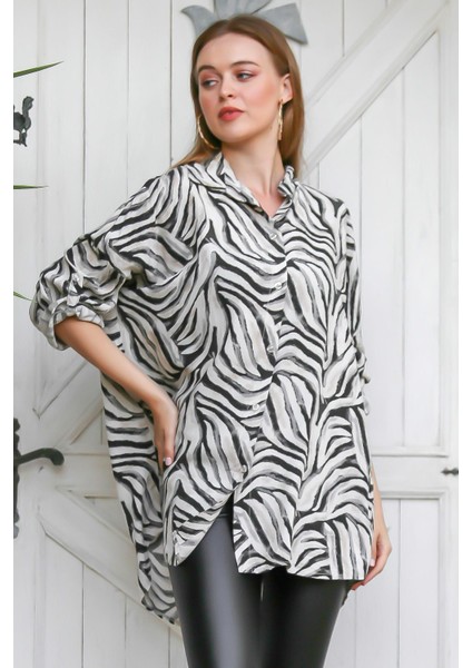 Bej Italyan Zebra Desen Oversize Salaş Gömlek Bluz