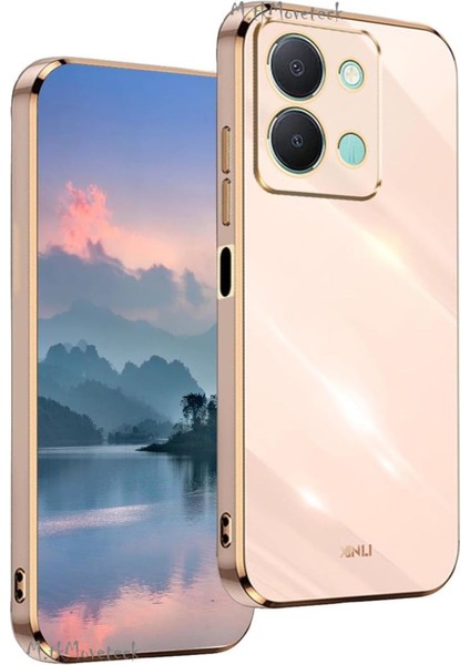 Vivo Y36 Kılıf Kamera Korumalı Parlak Gold Altın Kenarlı Yumuşak Silikon Kapak Işlemeli Arka Kapak