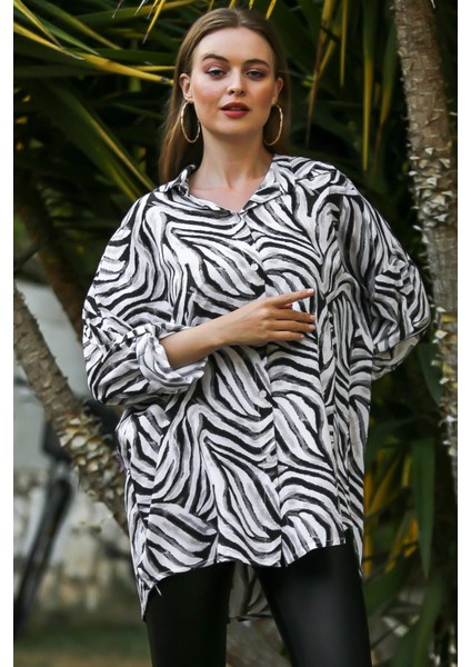 Beyaz Italyan Zebra Desen Oversize Salaş Gömlek Bluz