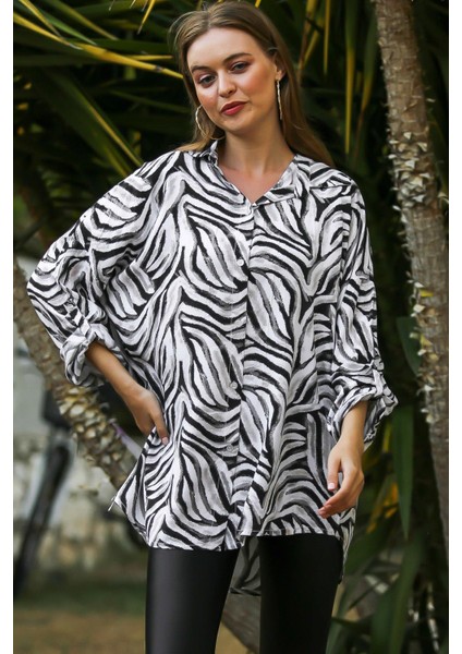 Beyaz Italyan Zebra Desen Oversize Salaş Gömlek Bluz