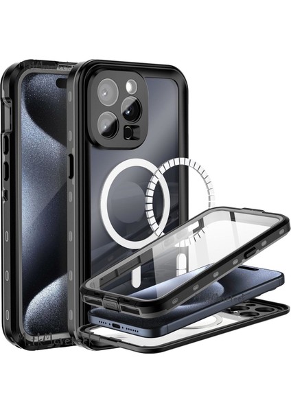 iPhone 15 Pro Max Kılıf Su Geçirmez 360 Ön Arka Korumalı Magsafe Wireless Şarj Destekli Toz Geçirmez Ipli Kapak Waterproff