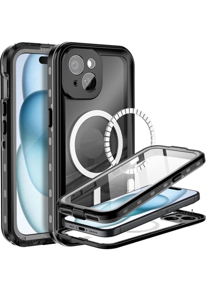 iPhone 15 Kılıf Su Geçirmez 360 Ön Arka Korumalı Magsafe Wireless Şarj Destekli Toz Geçirmez Ipli Kapak Waterproff